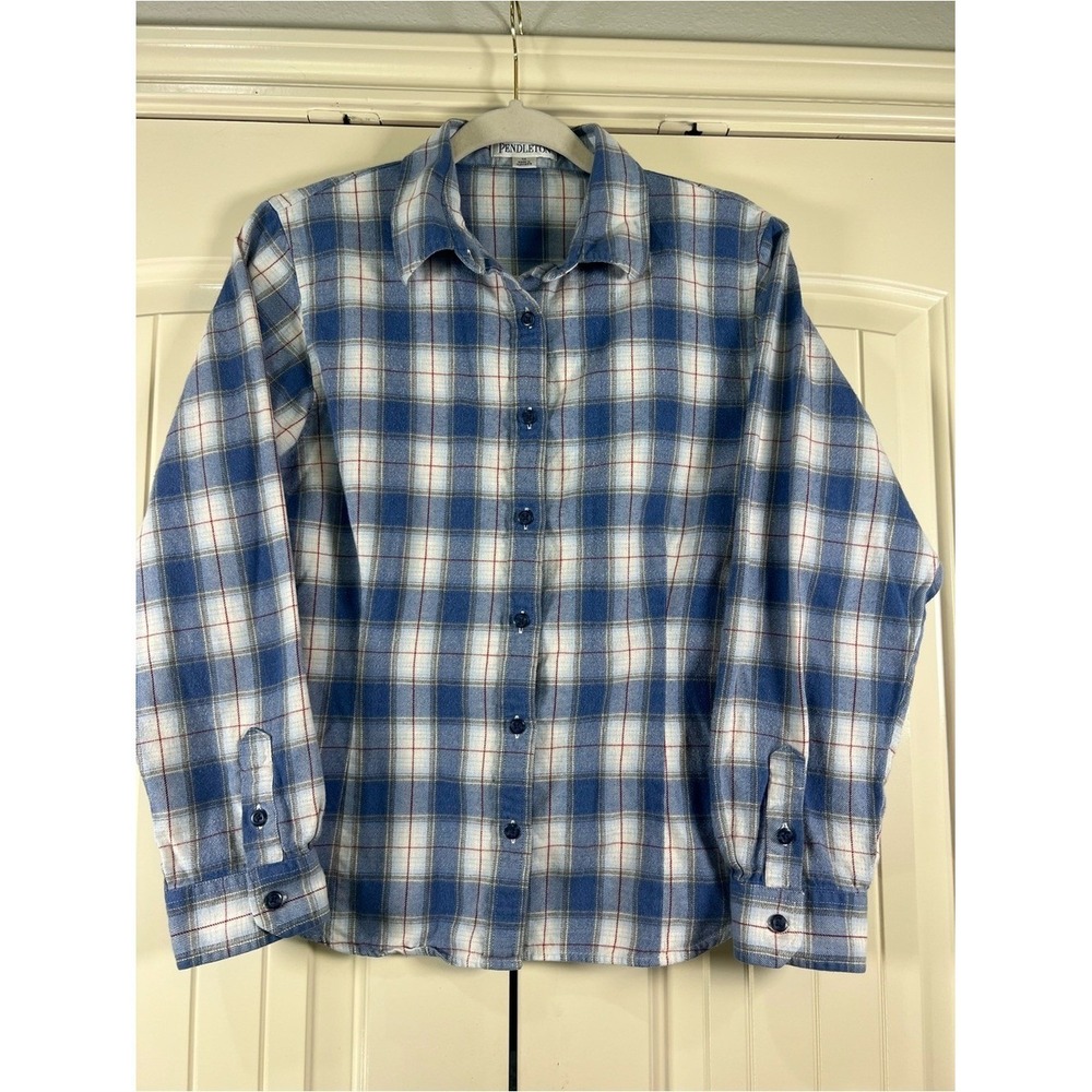 Pendleton Women's 100% Cotton Plaid Flannel Button Up Shirt Blue White Size M - Picture 5 of 12
